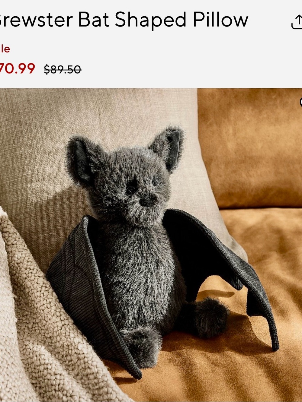 Pottery Barn Gray Faux Fur Bat Accent Pillow